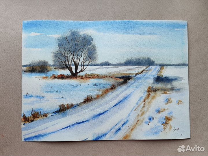 Картина Зимний пейзаж акварель 19.5 на 27 см