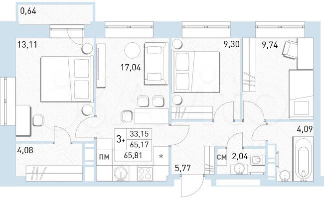 4-к. квартира, 65,8 м², 15/17 эт.