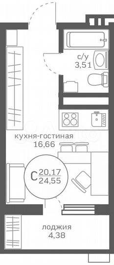 Квартира-студия, 20,2 м², 2/20 эт.