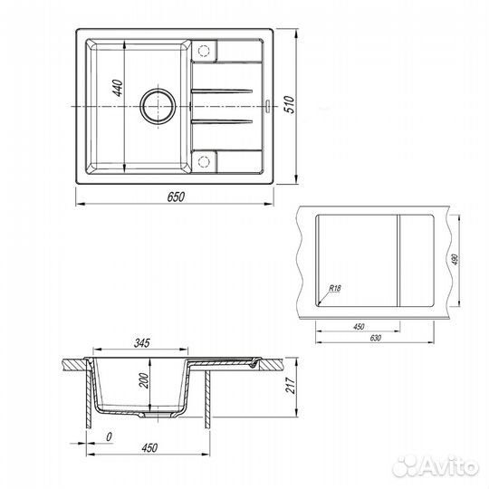 Кухонная мойка кварцевая прямоугольная, черная