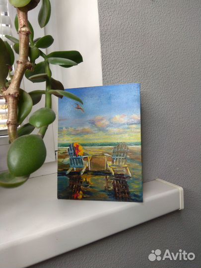 Картина маслом, морской пейзаж, отдых на берегу