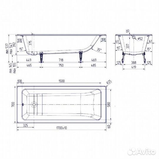 Ванна чугунная Delice Parallel DLR220505RB 170х70 с черными матовыми ручками