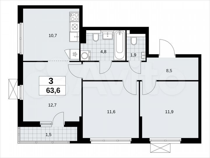 3-к. квартира, 63,6 м², 8/19 эт.