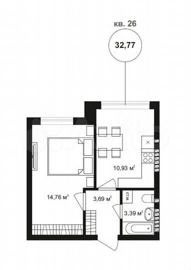 1-к. квартира, 32,8 м², 3/4 эт.