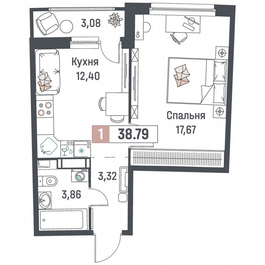 1-к. квартира, 38,8 м², 4/18 эт.