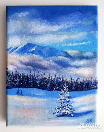 Картина с зимним пейзажем маслом на холсте
