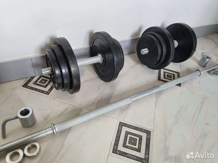 44кг: Штанга + гантели, 2х19кг, Обрезиненные