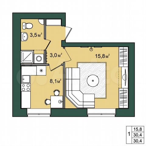 1-к. квартира, 30,4 м², 3/4 эт.