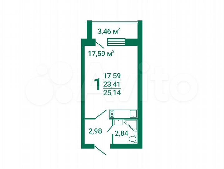 Квартира-студия, 25,1 м², 5/5 эт.
