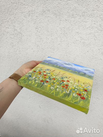 Картина маслом пейзаж с маками 20х20