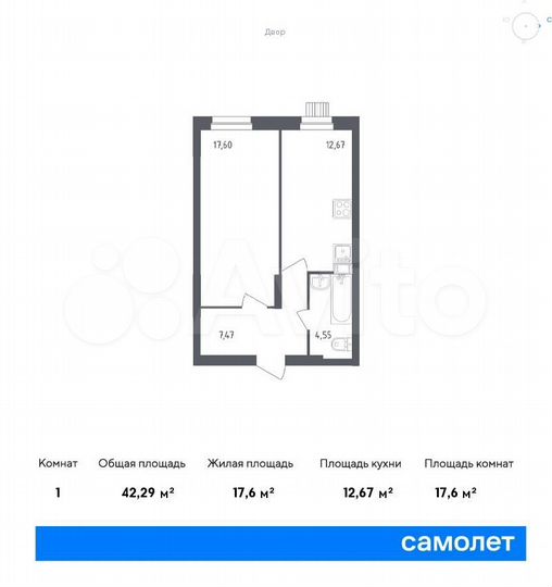 1-к. квартира, 42,3 м², 1/12 эт.
