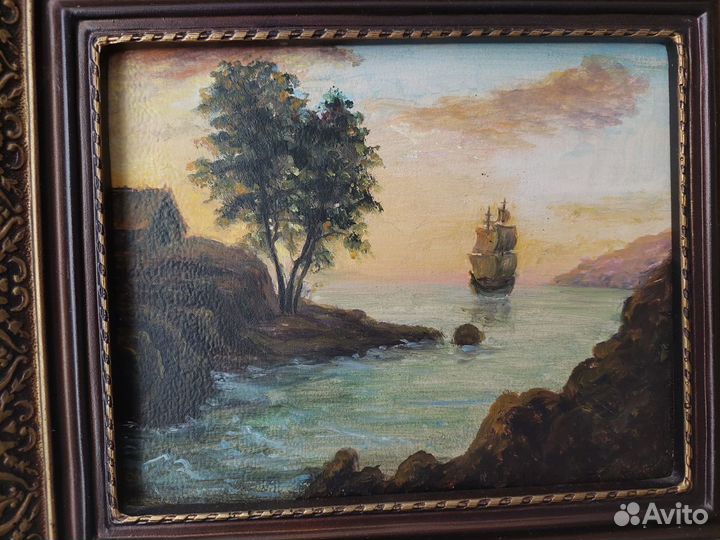 Старая картина морской пейзаж в раме