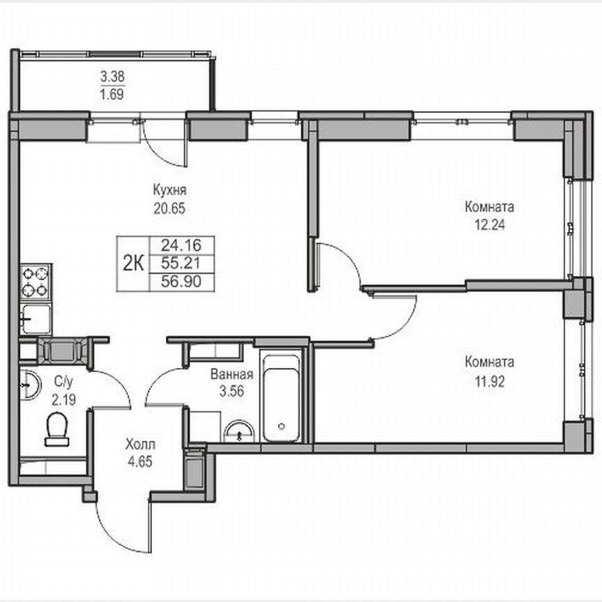 2-к. квартира, 56,9 м², 21/23 эт.