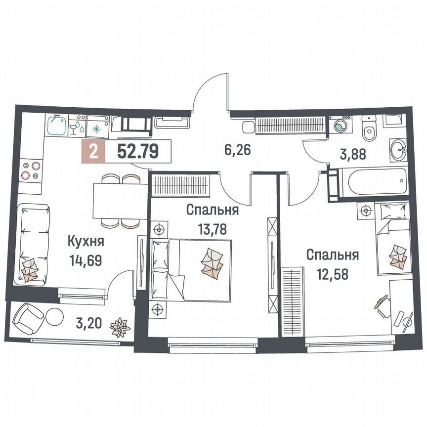 2-к. квартира, 52,8 м², 18/18 эт.