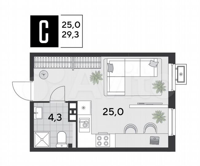 Квартира-студия, 29,3 м², 3/9 эт.