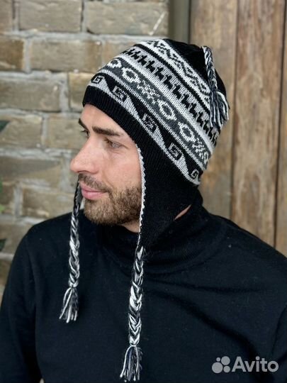 Мужская шапка Перу шерсть альпака Чульо двусторонняя цвет серо-черный 1