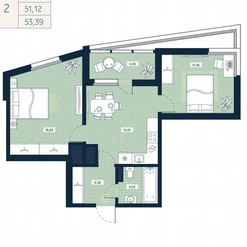 2-к. квартира, 51,1 м², 8/8 эт.