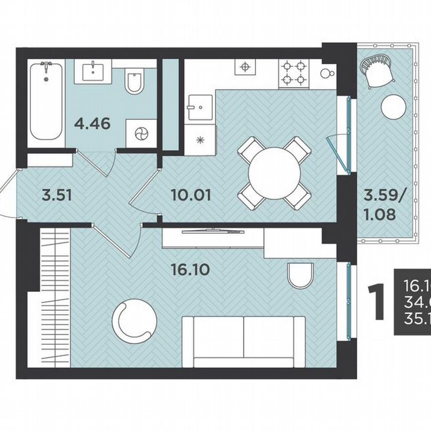 1-к. квартира, 35,2 м², 4/4 эт.