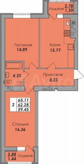 2-к. квартира, 65,1 м², 1/8 эт.
