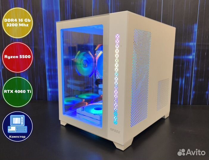 Мощный пк 2024 AMD5500-RTX4060Ti-16DDR4-PSN452-A520