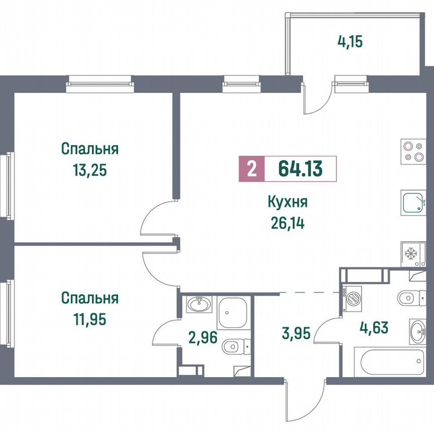 2-к. квартира, 64,1 м², 5/16 эт.