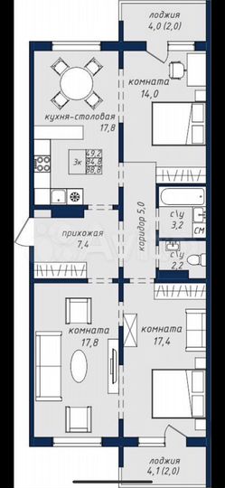 3-к. квартира, 88,8 м², 9/18 эт.