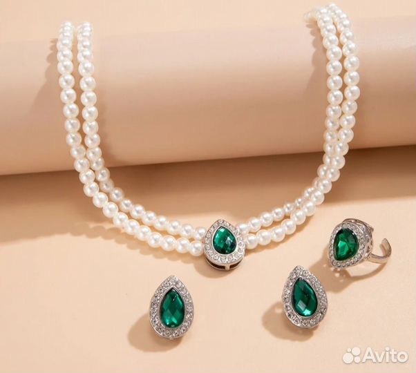 Серьги+кольцо безразмерное+колье новый комплект