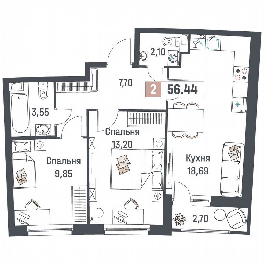 2-к. квартира, 56,4 м², 2/18 эт.