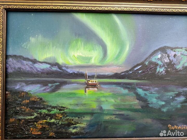 Картина с северным сиянием Апатиты. Бронь