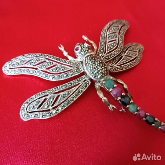 Брошь Стрекоза серебро, натуральные камни