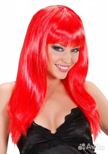 Парик красный длинные прямые волосы с челкой