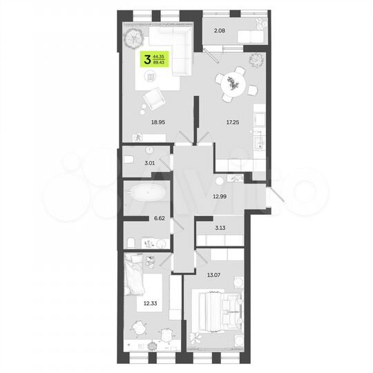 3-к. квартира, 89,4 м², 2/14 эт.