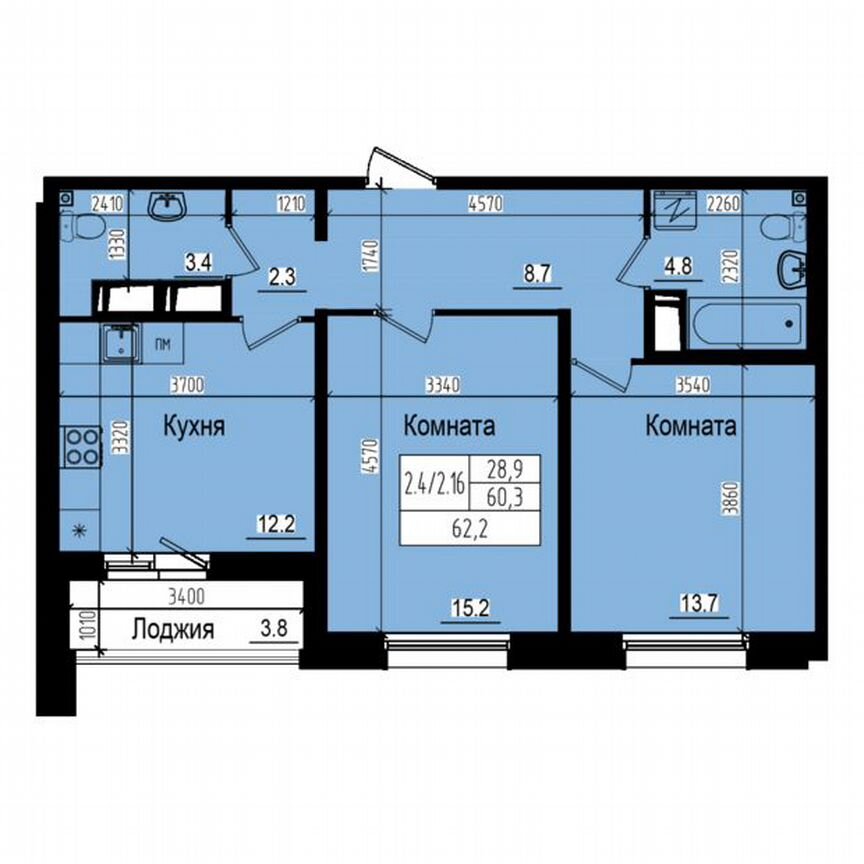 2-к. квартира, 62,2 м², 21/23 эт.