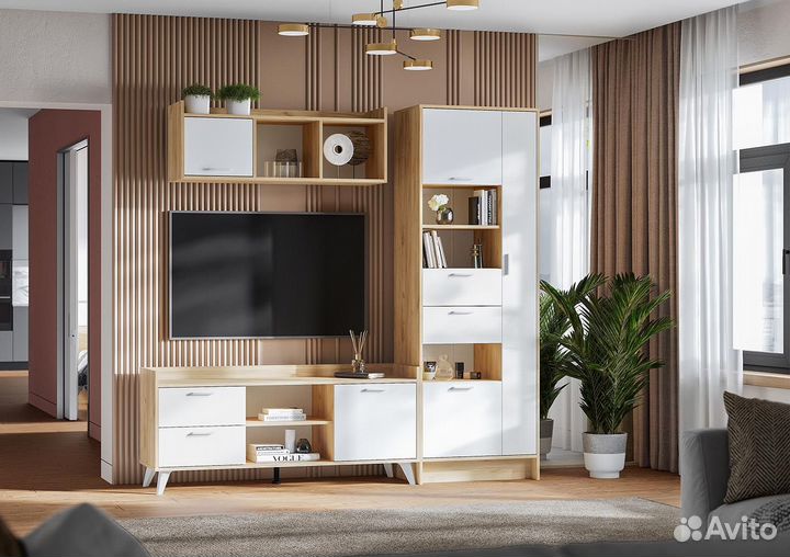 Стенка в гостиную Дуб крафт золото/Белый