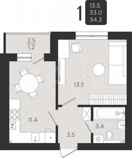 1-к. квартира, 33 м², 3/7 эт.