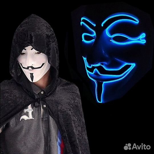 Маска V Гая Фокса (Анонимуса) светящаяся