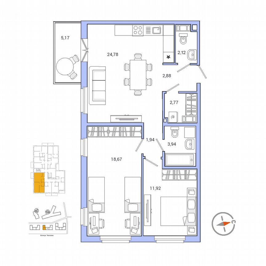2-к. квартира, 70,7 м², 2/9 эт.
