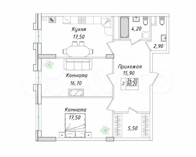 2-к. квартира, 80,2 м², 4/8 эт.