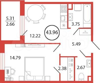 1-к. квартира, 44 м², 8/12 эт.