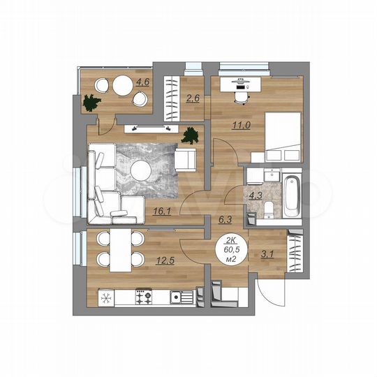 2-к. квартира, 60,5 м², 5/22 эт.