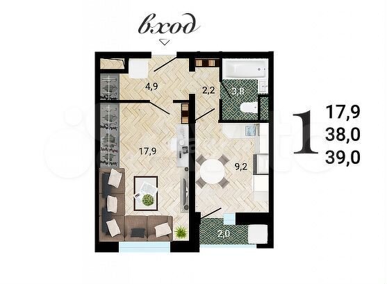 1-к. квартира, 39 м², 3/15 эт.