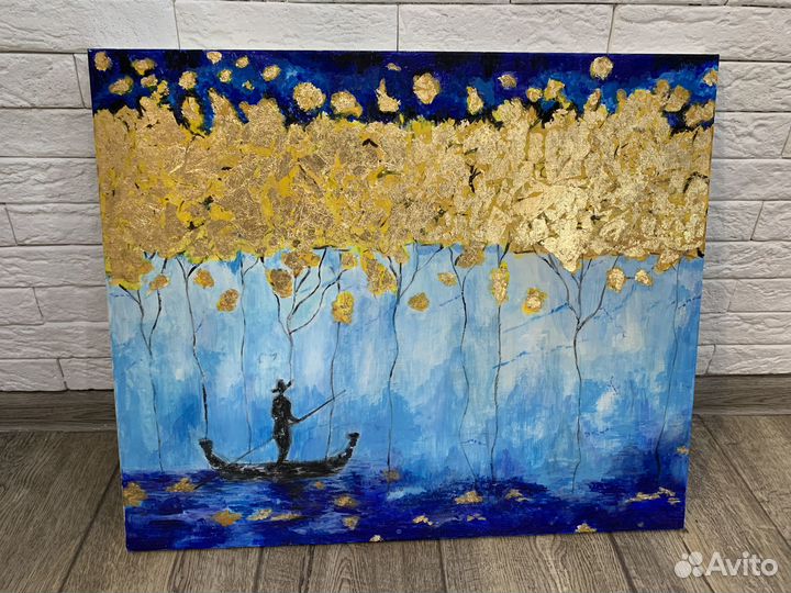 Картина маслом на холсте с поталью пейзаж