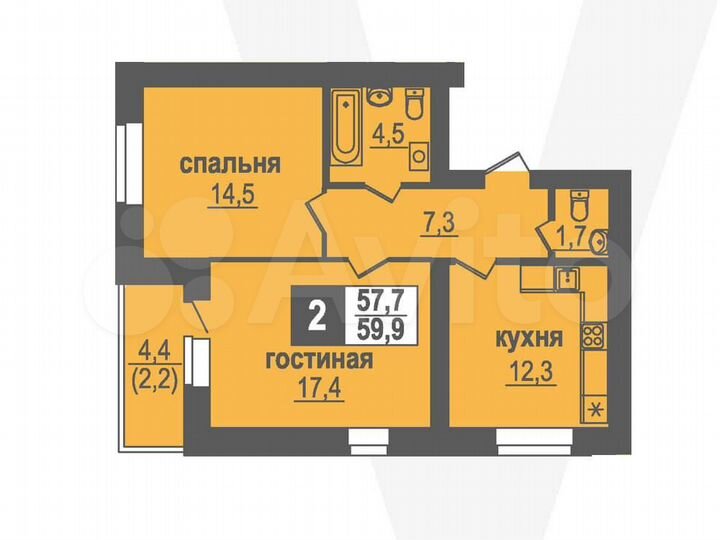 2-к. квартира, 59,9 м², 9/10 эт.