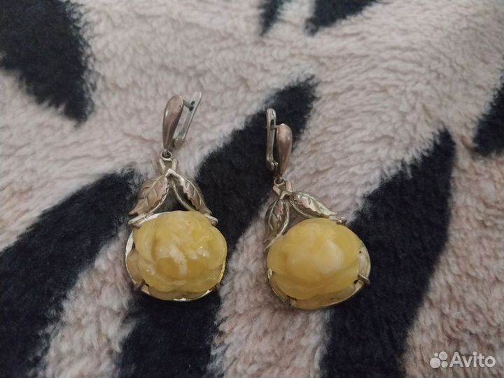 Серьги жёлтый янтарь розы