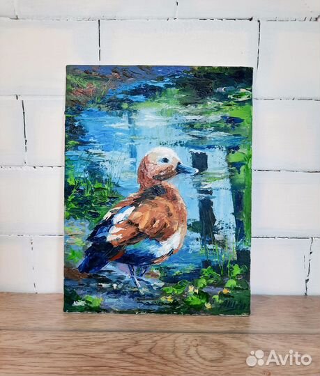 Картина маслом Пейзаж озеро пруд Этюд утка птица