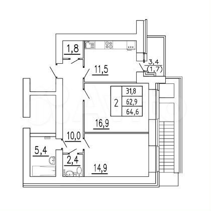 2-к. квартира, 64,6 м², 1/16 эт.