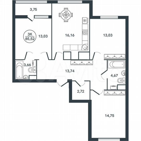 3-к. квартира, 85,5 м², 4/17 эт.