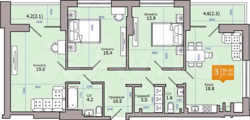 3-к. квартира, 91 м², 6/18 эт.