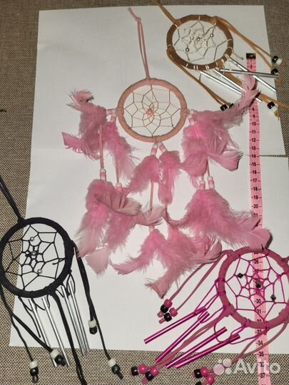 Ловец Снов розовый с перьями чёрн беж красн