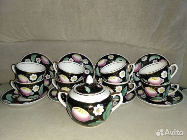 Сервиз Слива на черном Чашка/блюдце дфз Винтаж ссс